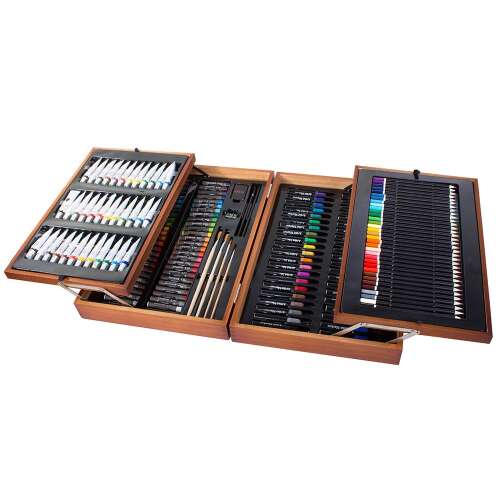 Timeless Tools 174 részes festő- és rajzkészlet fa díszdobozban, nyitva, minden kellékkel
