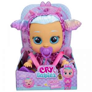 Cry Babies Dressy Baba Bruny doll, wearing a pink dragon costume with wings, sitting in a chair, packaging - Cry Babies