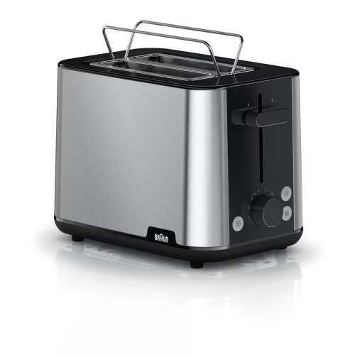 Braun HT1510BK 2-slice toaster, stainless steel and black, angled view