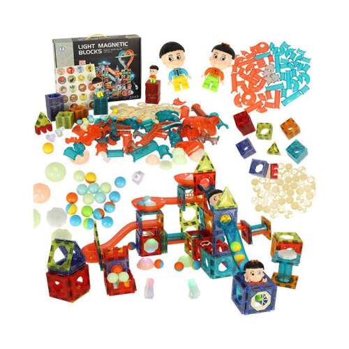 Light Magnetic Blocks Marble Run Set, 202 pieces, includes glow in the dark balls, building blocks, and figures