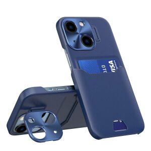 Angled view of blue iPhone 14 leather wallet case with stand - Phone Case
