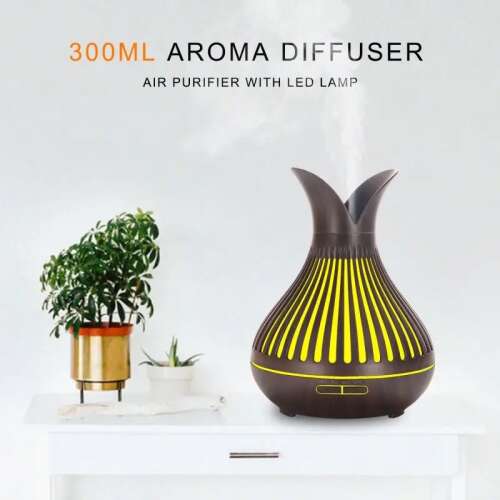 Ultrahangos aroma diffúzor, tulipán formájú, sötétbarna színű, 7 színű LED fény, párásító, illóolaj diffúzor