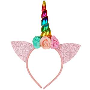 Rózsaszín unikornis fejpánt szivárványos szarvval és csillámos fülekkel - Fejpánt, fejkendő