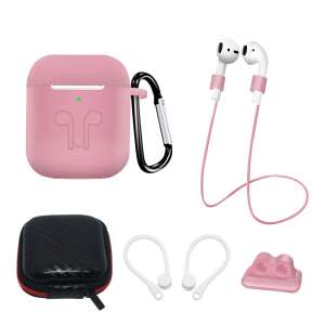 SILICONE Case Set AirPods 2 / AirPods 1 + tok / fülhorog / nyakpánt / óraszíj tartó / karabiner | rózsaszín 73572999