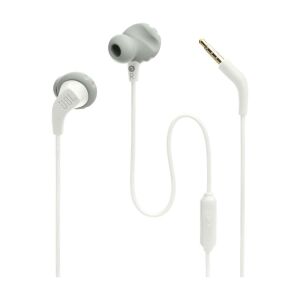 JBL Endurance Run 2 wired sport earbuds, white, angled view - Headphone and Bluetooth Speaker