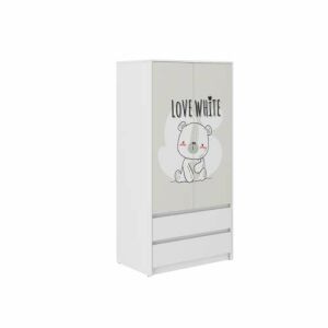 Gardróbszekrény B9 fehér gyerek szekrény maci mintával, 2 ajtós és 2 fiókos - Gyerek szekrény