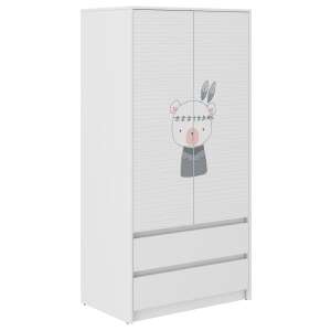 Dulap B9 cu 2 uși și 2 sertare, design boho urs, alb, dulap pentru copii - Dulapuri pentru copii