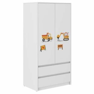 Gardróbszekrény B9 dulap alb cu design de vehicule de construcție, două uși și două sertare - Dulapuri pentru copii