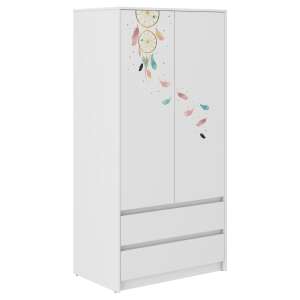 Dulap B9 cu 2 uși, 2 sertare, design boho vulpe, alb, mobilier pentru copii - Dulapuri pentru copii