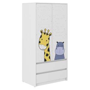 Dulap B9 cu 2 uși și 2 sertare, design mini zoo, alb, cu imprimeu cu girafa și hipopotam, dulap pentru copii - Dulapuri pentru copii