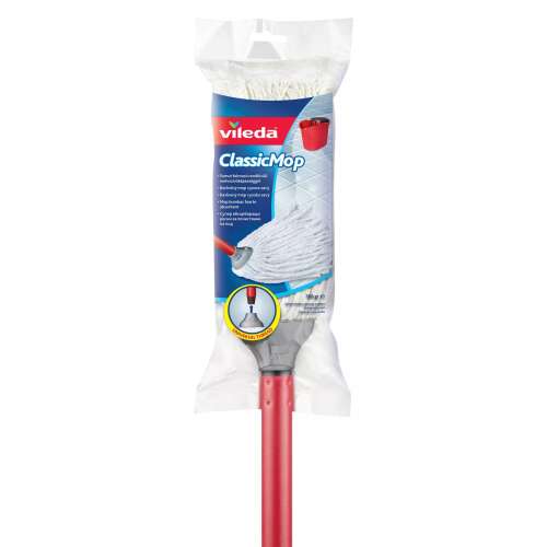 Vileda Classic Mop, white mop head with red handle, packaged