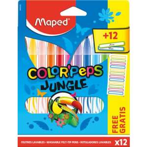 MAPED Felt-tip pen set, 2.8 mm, washable, MAPED "Color`Peps Jungle" 12 different colours + 12 free stickers
