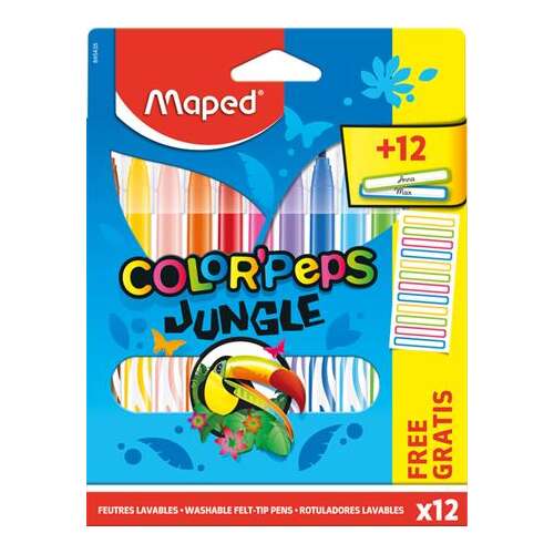 MAPED Filzstift-Set, 2,8 mm, abwaschbar, MAPED &rdquo;Color`Peps Jungle&rdquo; 12 verschiedene Farben + 12 kostenlose Aufkleber