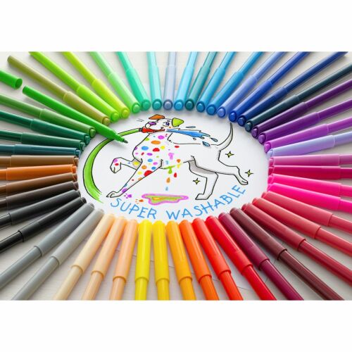 Faber-Castell Castle 12-color felt tip pens arranged in a circle around a drawing of a dog