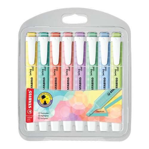 Sada zvýrazňovačov STABILO Swing Cool Pastel, 8 rôznych pastelových farieb, šikmý hrot 1-4 mm