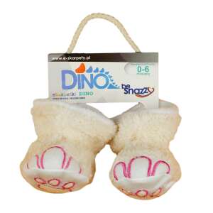 Dino baba csizmake, puhatalpú cipők babáknak, fehér rózsaszín dinoszaurusz mancs hímzéssel - Puhatalpú cipő, kocsicipő