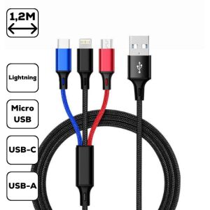 Cellect 3 az 1-ben töltőkábel Micro USB, Type-C és Lightning csatlakozókkal, 1,2m - Adatkábel