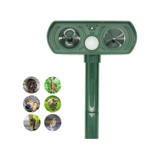 Solar powered animal repellent with motion sensor and ultrasonic speaker, repels animals like deer, cats, dogs, raccoons, squirrels, and birds