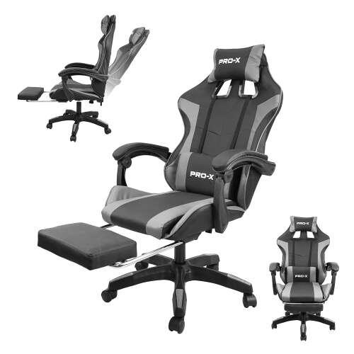 PRO-X öko bőr dönthető Gamer szék lábtartóval és derékpárnával #fekete-szürke