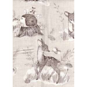 Bézs színű muszlin pelenka erdei állatok mintával, szarvas, sün és madarak, 70x80 cm - Textil pelenka