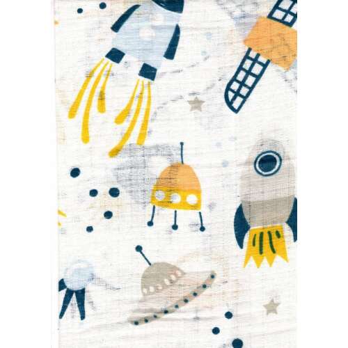 Űrhajó mintás babatörlő, 1db-os mintás pelenka - Űrhajó kék/sárga, 100% pamut, 60x80cm