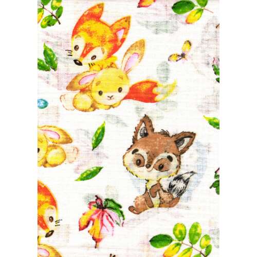 1db-os mintás textil pelenka - vidám barátok, 100% pamut, 60x80cm,  róka, nyúl, bagoly,  baba büfiztető kendő, baba törlőkendő, baba kötény, baba takaró,  puha, nedvszívó,  aranyos,  öko-barát