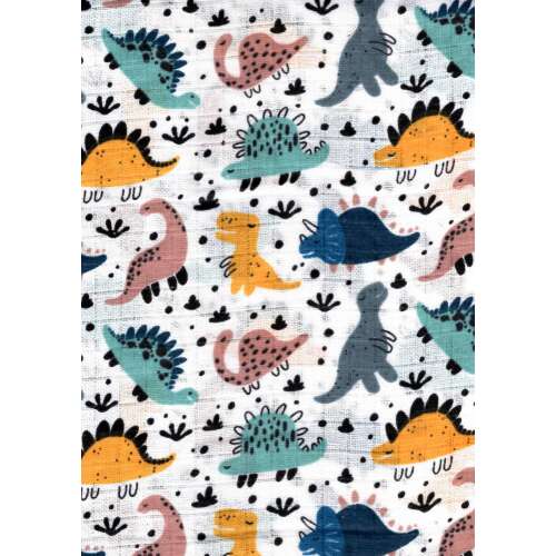 Dinós mintás muszlin kendő, baba büfiztető kendő, baba nyakkendő, baba törlőkendő, baba takaró, baba pelenka, 1 darab, színes dinók