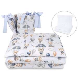 Baby Shop 5 részes babaágynemű szett kék lufis állatokkal, tartalmaz paplant, paplanhuzatot, párnát, párnahuzatot és fejvédőt - Baba & Tipegő