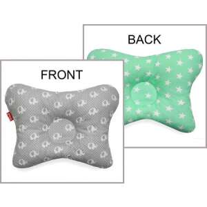 Scamp laposfejűség elleni párna, Zöld Csillagok Elefántok mintával, elülső és hátsó nézet - Baba párna