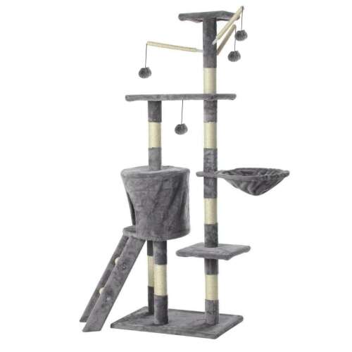 Pepita 5-level cat tree in grey, with scratching post, condo, hanging toys, and platforms