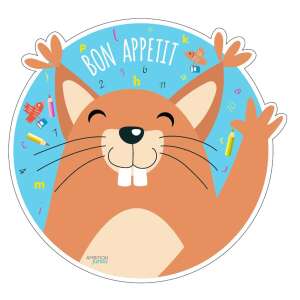 Ambition Junior mókus tányéralátét, kerek, kék háttér, aranyos rajzolt mókus, Bon Appetit felirat, tökéletes gyerekeknek - Ambition