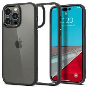 Spigen Ultra Hybrid iPhone 14 Pro Max case, black, clear back, showing the phone in the case - Spigen