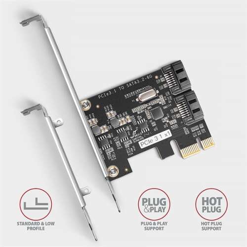 AXAGON PCES-SJ2 PCIe vezérlőkártya két SATA porttal, standard és alacsony profilú konzollal, plug and play, hot plug támogatás