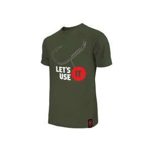 Delphin USE IT KING SIZE horgász póló, zöld színű, fehér felirattal, horog és 'Let's use it' szlogennel - Póló