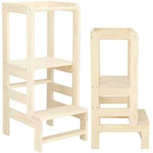 Dechland adjustable height kitchen step stool for kids, natural wood, two views - Babies & Toddler