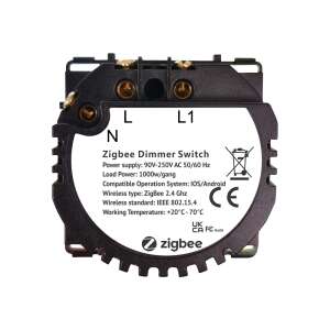 LUXION Zigbee Dimmer Modul, elülső nézet, műszaki adatokkal - Okos eszköz