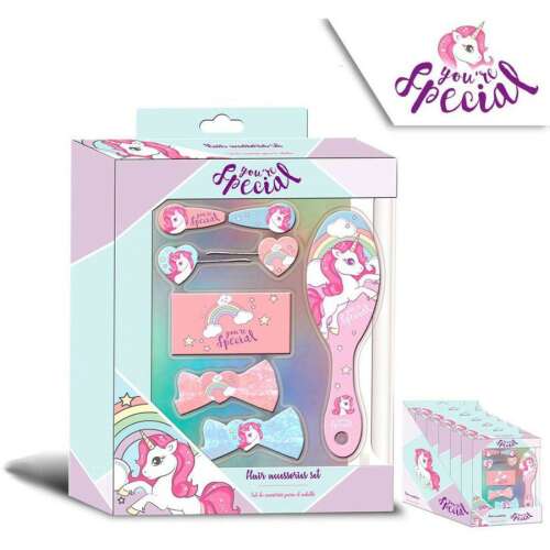 Unikornis haj kiegészítő szett, 8 darabos, tartalmaz hajcsatokat, masnikat és fésűt, tökéletes lányoknak