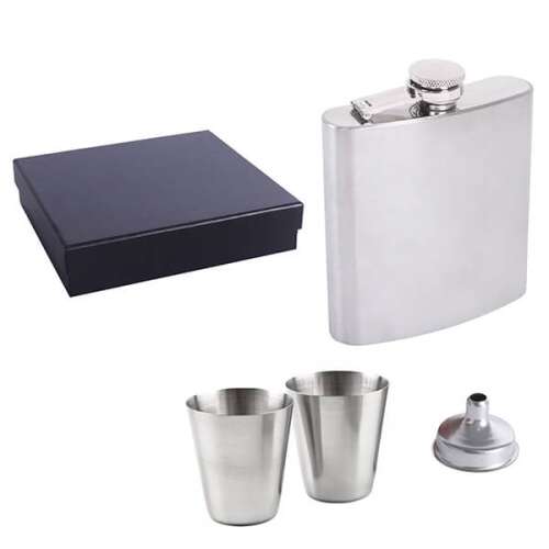 Rozsdamentes acél flaska szett két shot pohárral és tölcsérrel, 240ml, ezüst színű