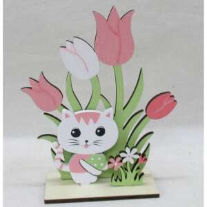 Fa cica dísz tulipánokkal, 18x15 cm, rózsaszín és zöld - Szezonális dekoráció