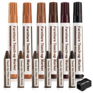 6 darabos bútorjavító filctoll és 6 darabos viaszbetét rúd készlet különböző fa színekben: tölgy, juhar, cseresznye, diófa, mahagóni és fekete, hegyezővel - Verk Group