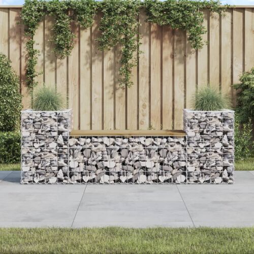 Gabion kerti pad virágládákkal, fenyőfa ülőfelület, kültéri ülőalkalmatosság - Kerti pad