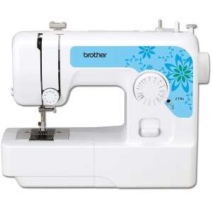 Brother J14S sewing machine, white and blue, front view - Sewing Machine