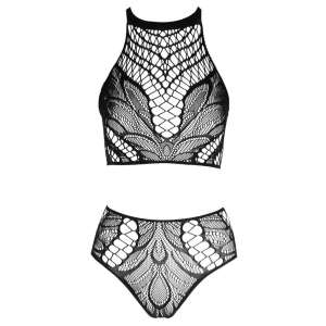 NO:XQSE czarny koronkowy komplet bielizny, dwuczęściowy, top i majtki, seksowny, siatka, wzór liści, wysoki stan, widok z przodu - Dla kobiet