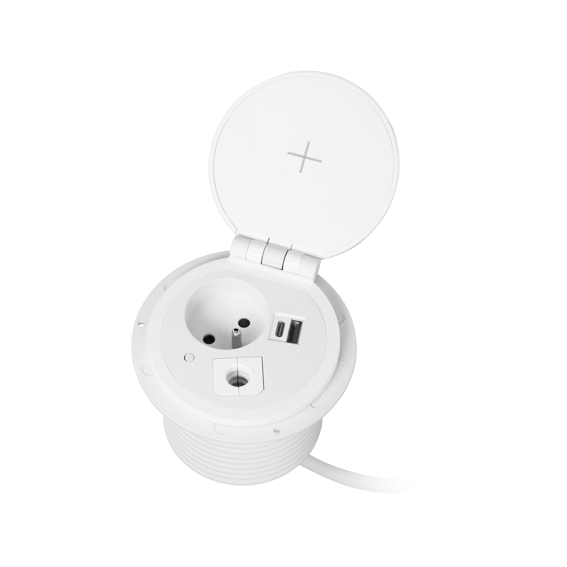 Gniazdo meblowe ?8cm wpuszczane w blat z ładowarką indukcyjną, ładowarką USB z 2 gniazdami A i C, przelotką kablową i przewodem 1,8m, 1x2P+Z, 2xUSB 2,4A 5V, białe