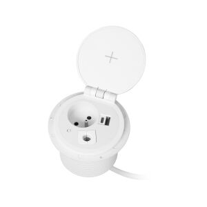 Gniazdo meblowe ?8cm wpuszczane w blat z ładowarką indukcyjną, ładowarką USB z 2 gniazdami A i C, przelotką kablową i przewodem 1,8m, 1x2P+Z, 2xUSB 2,4A 5V, białe 138554406 - Dystrybutor