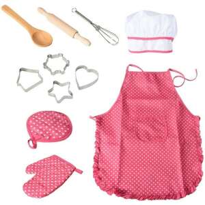 Pepita 11 piece pink kitchen playset for kids with apron, chef hat, oven mitt, pot holder, rolling pin, wooden spoon, whisk, cookie cutters - Toy kitchen tool