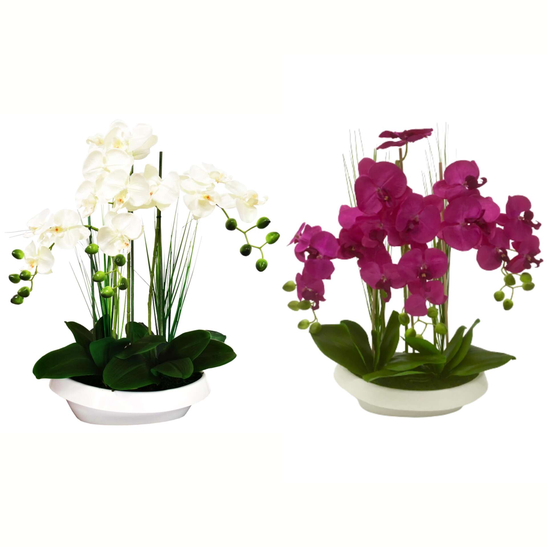 Orchidea Művirág több szálas fűvel ovális kaspóban 60cm - Többféle