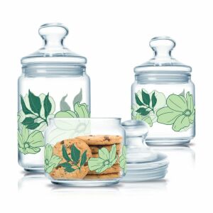 Luminarc Paradise Virágmintás Üvegtároló készlet - 3 db, ideális konyhai rendszerezéshez és száraz élelmiszerek tárolásához - Luminarc