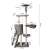 Gray cat tree with 5 levels, scratching posts, hanging toys, and a hammock for cats, dimensions