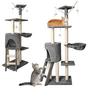 Tower-type multi-level cat playground set with toys and ladders, 138cm, grey